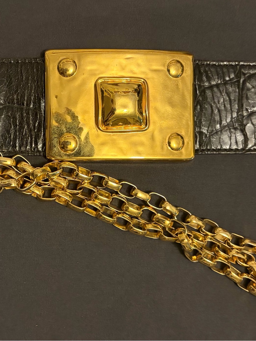 Vintage Streets Ahead Black Croc Leather Gold Chain Statement Belt